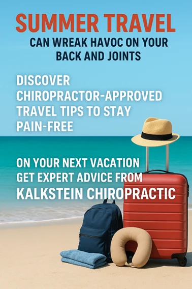 Chiropractic Towson MD Traveling A rolling suitcase, backpack, neck pillow, and towel, all laid out on the beach
