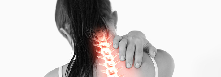 A person holding their neck with a highlighted cervical spine, indicating pain or tension.
