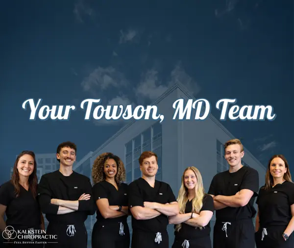 Chiropractor Towson MD Warren Kalkstein Nick Kuhl Brady Dailey Angie Darcus Kendra Meyer With Providers HP Kalkstein Chiropractic providers Warren Kalkstein, Nick Kuhl, Brady Dailey, Angie Darcus, and Kendra Meyer pictured with team members in Towson, Maryland